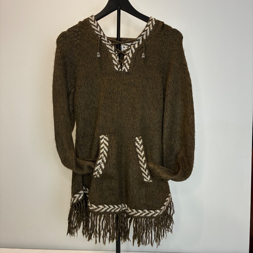 Y2K Alpaca Connection Brown Hoodie Small Earthy Boho Festival Sweater Fringe Hem